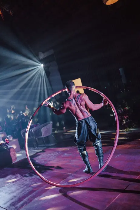 Aerial performance at destination wedding reception Mexico