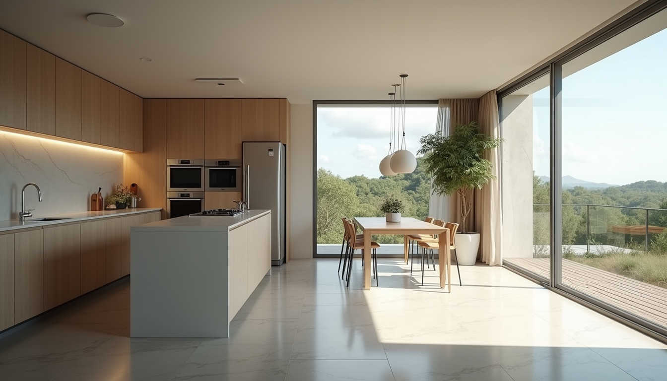 Vue en plongée d'un appartement moderne avec cuisine ouverte