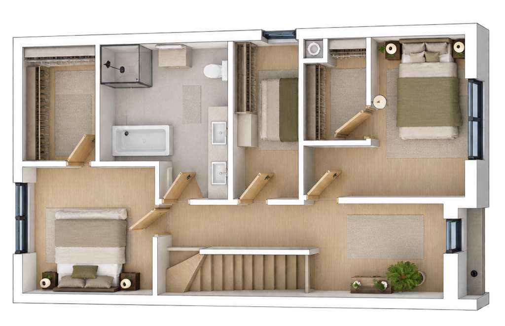 Plan 3D de l’étage supérieur d’une maison de ville 4 ½ à Saint-Boniface.
