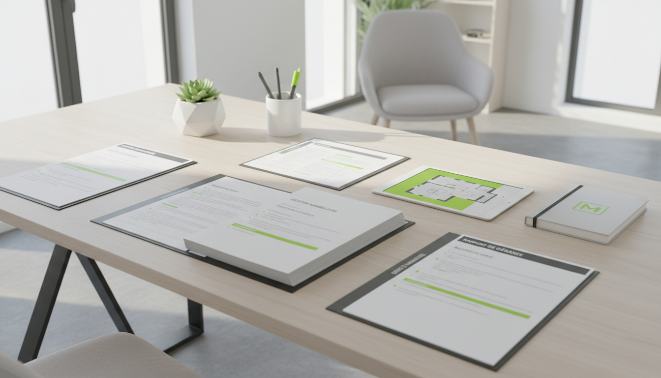Vue en plongée d’un bureau avec des documents de gestion immobilière