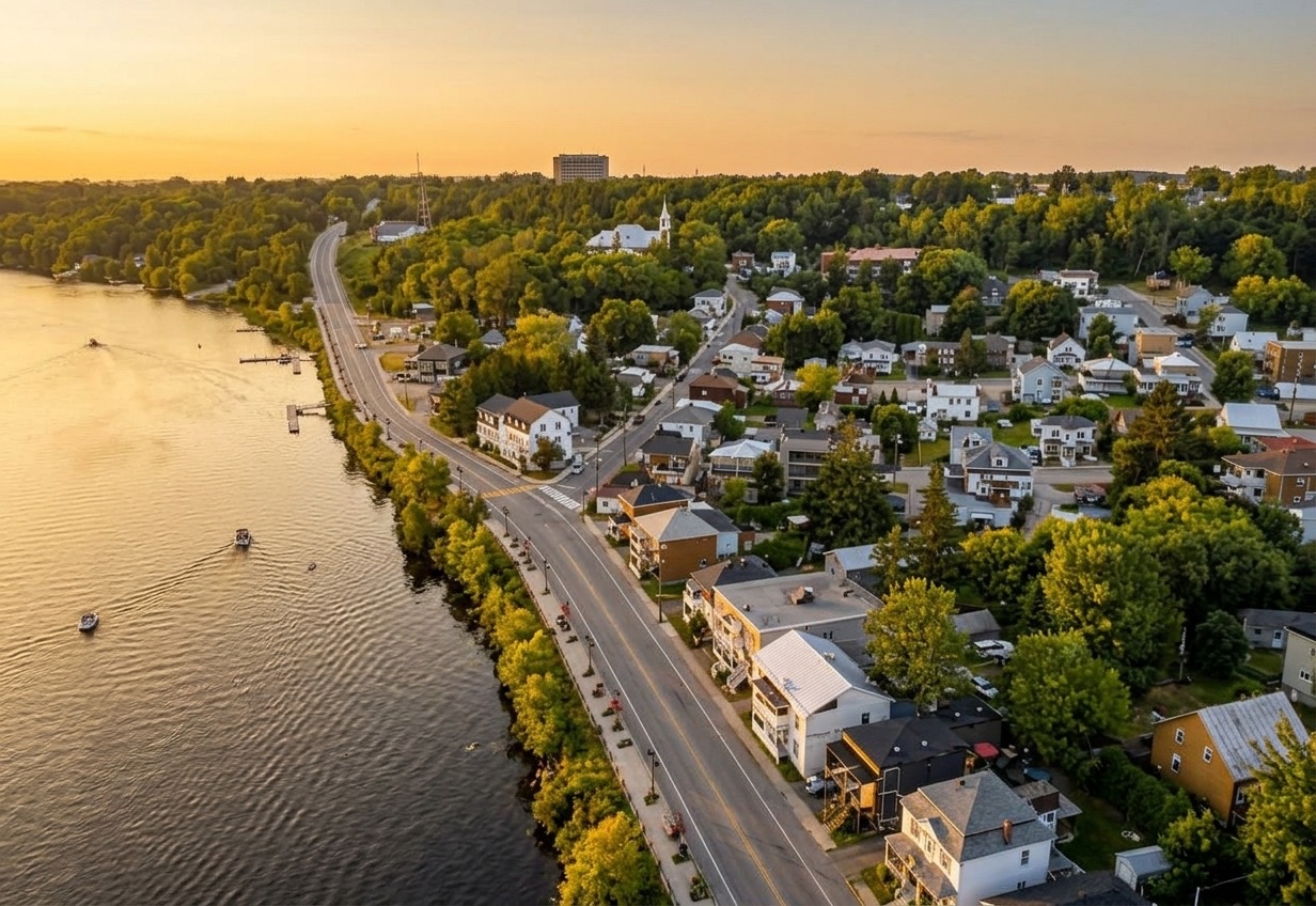 Vue aérienne de Shawinigan le long de la rivière Saint-Maurice au coucher du soleil.