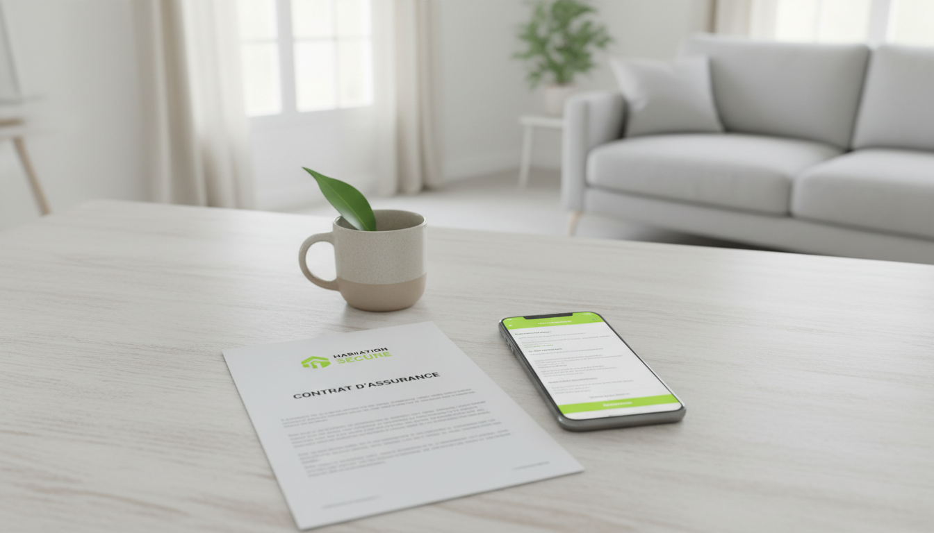Vue en plongée d’un téléphone avec un contrat d’assurance habitation à côté