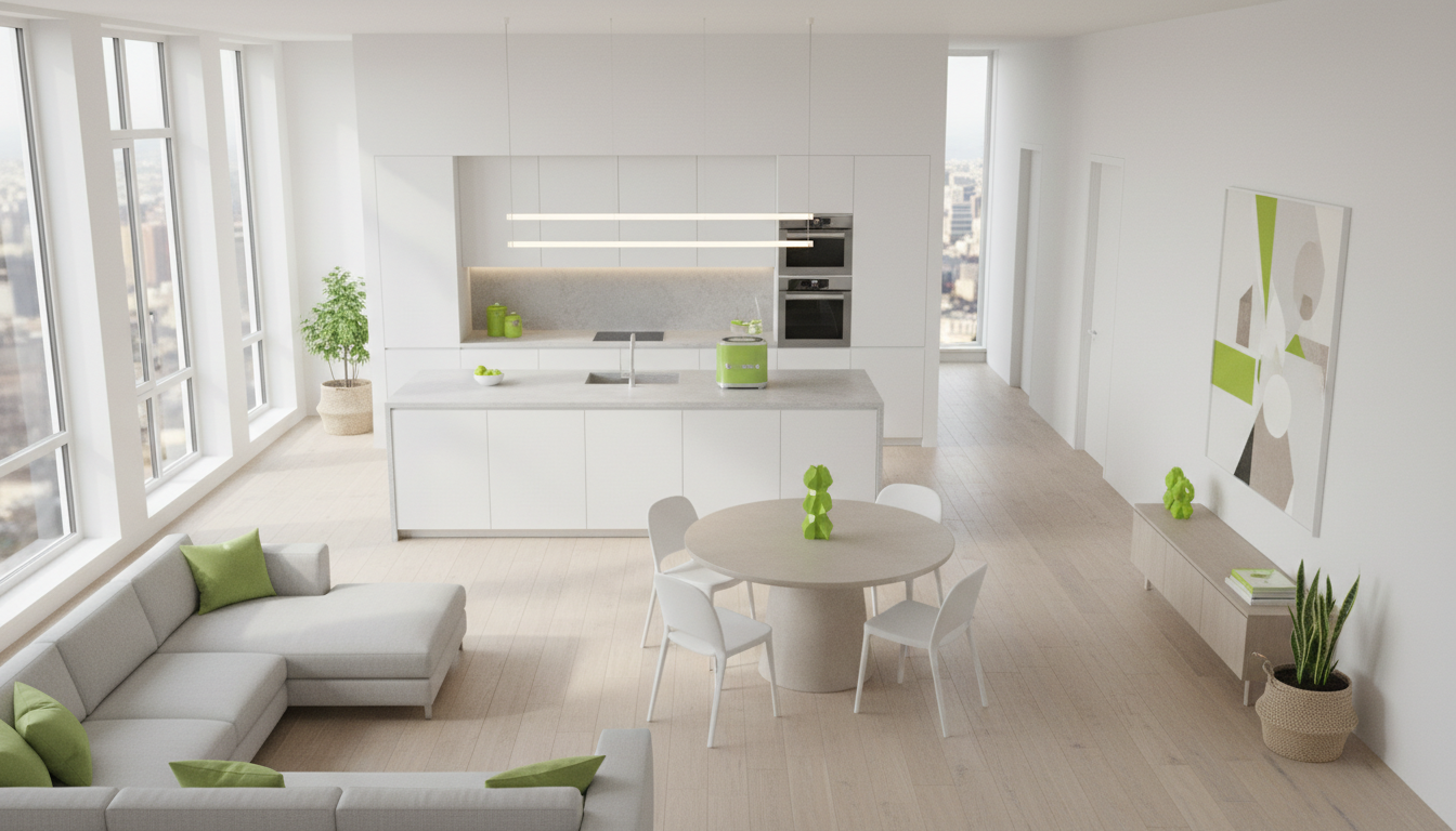 Vue en plongée d’un appartement rénové avec une cuisine moderne et lumineuse