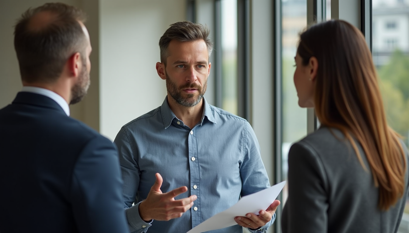 Vue de face d’un gestionnaire immobilier discutant avec un propriétaire