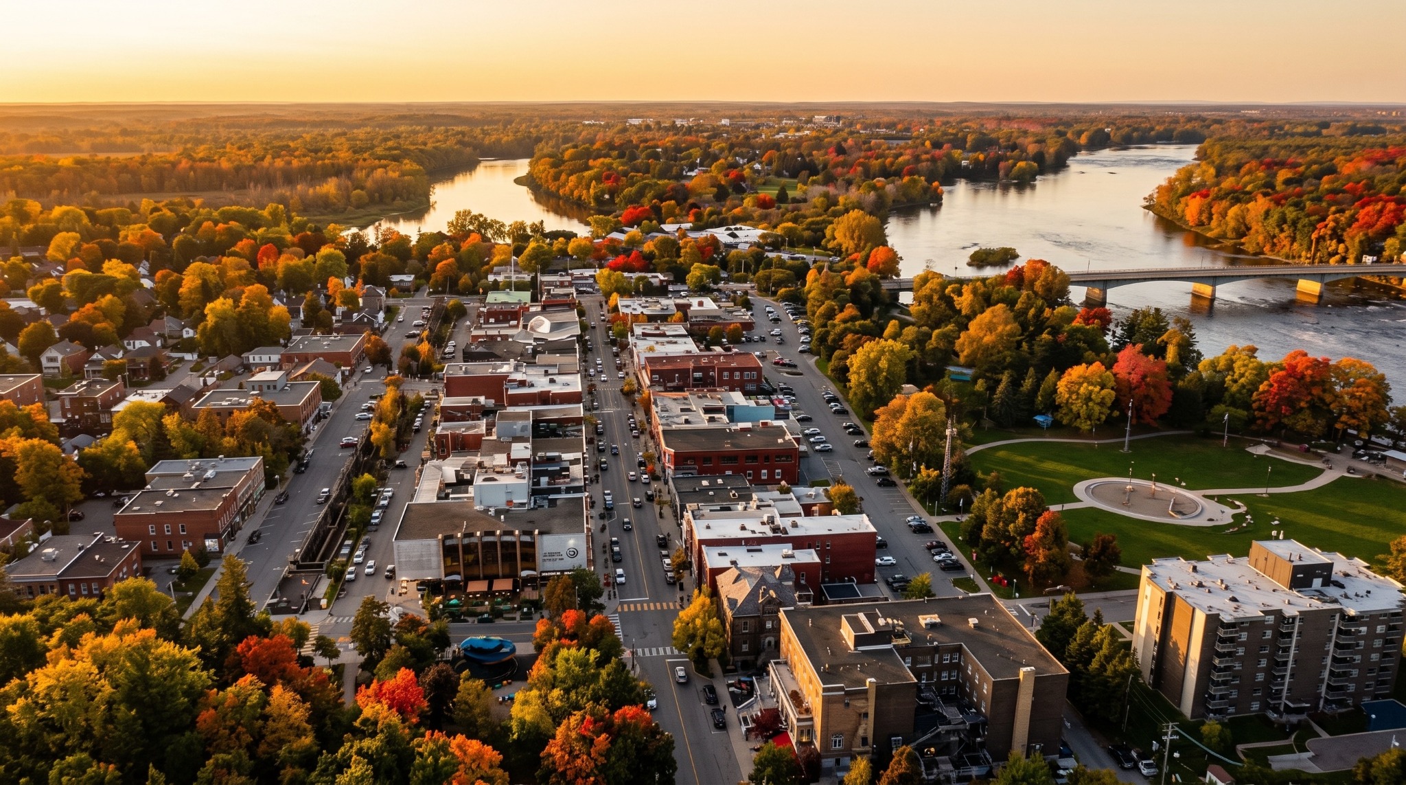 Vue aérienne d'un paysage urbain et riverain du Centre-du-Québec à l'automne.
