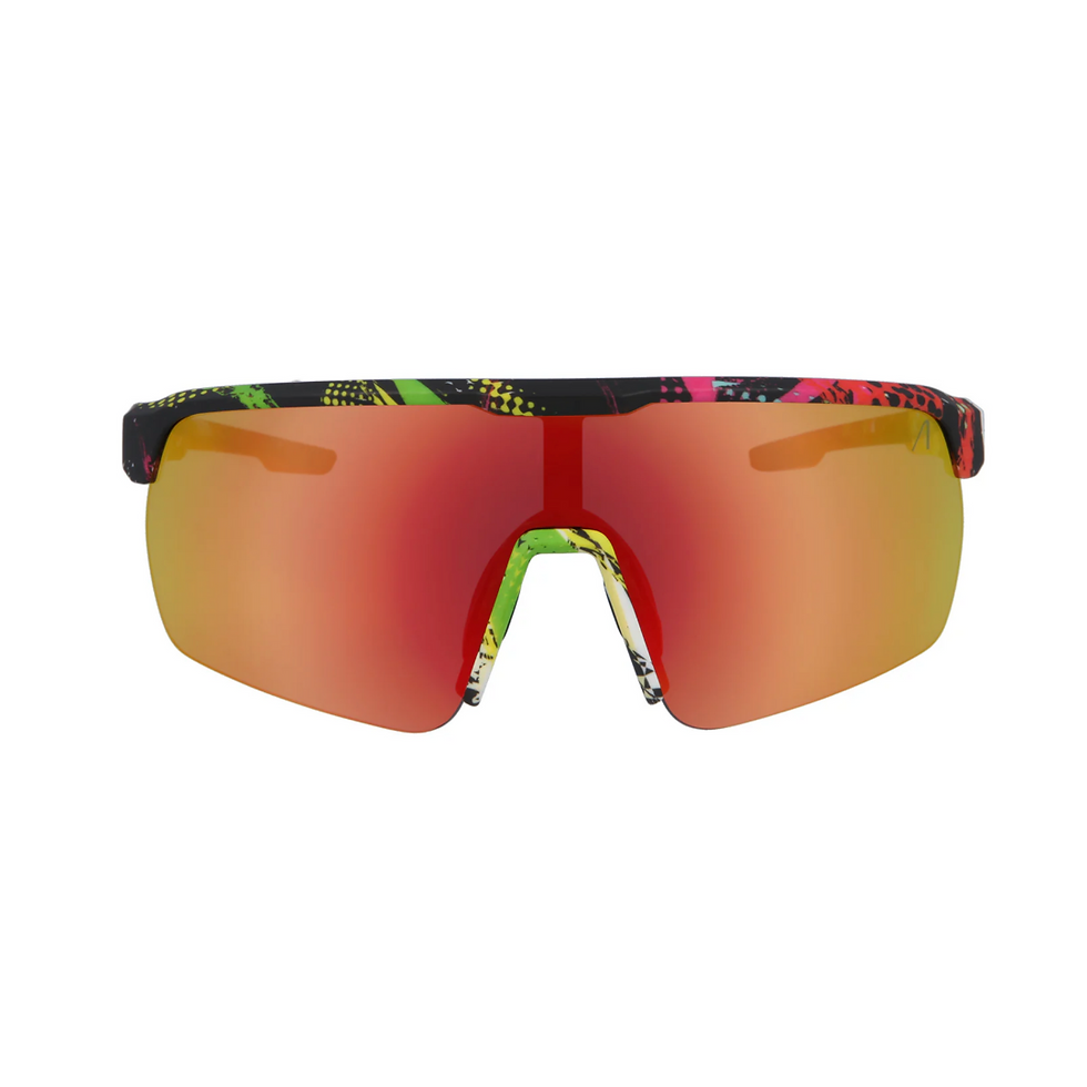 ACE Sportbrille in leuchtendem Comic Flash Design mit dreifach verstellbarem Nasensteg und Anti-Beschlag-Technologie.​