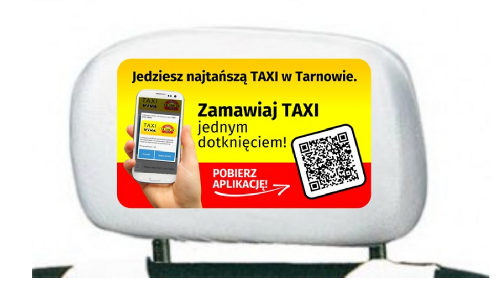 Reklama na zagłówku w taksówce - Viva Taxi Tarnów