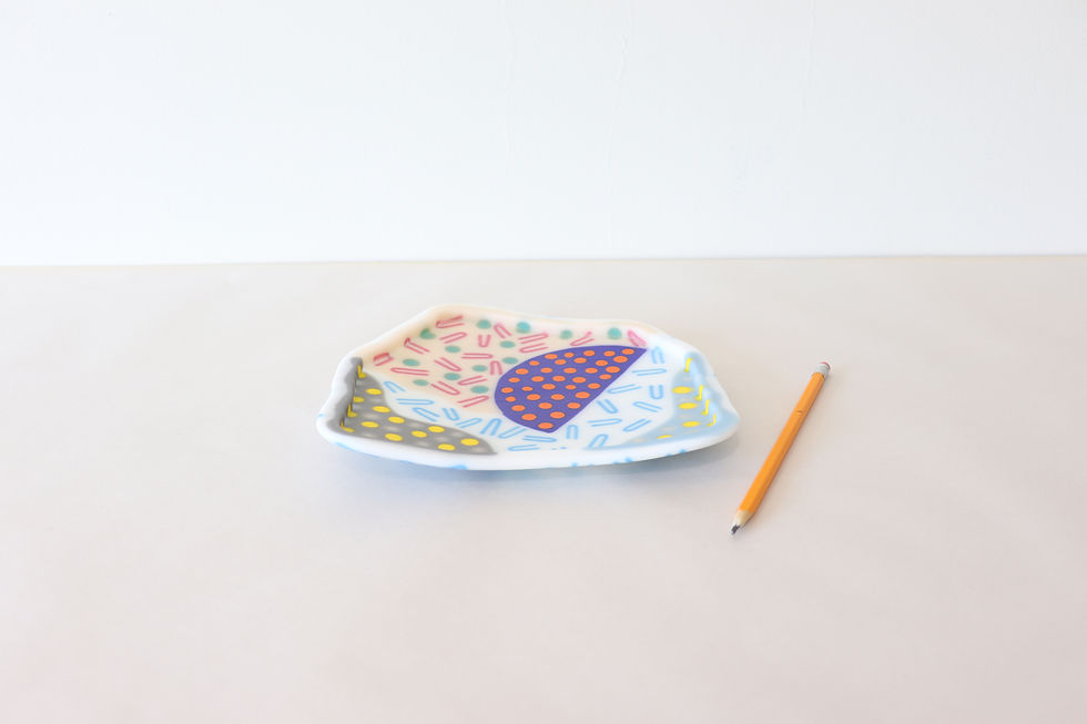 blue pink white and gray memphis design style kilnformed glass art accent plate