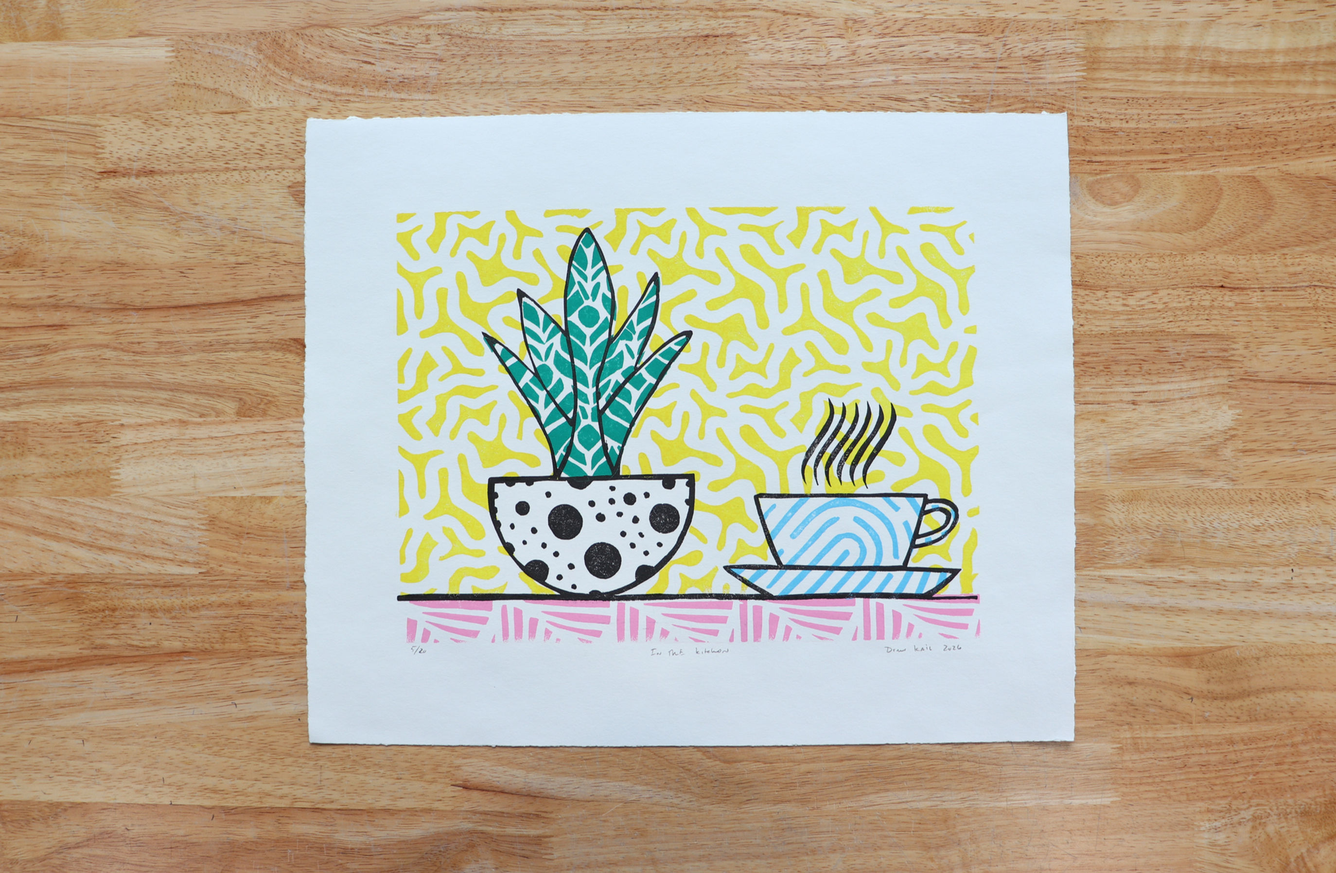 colorful five handmade color linocut print modern design snake plant and coffee cup