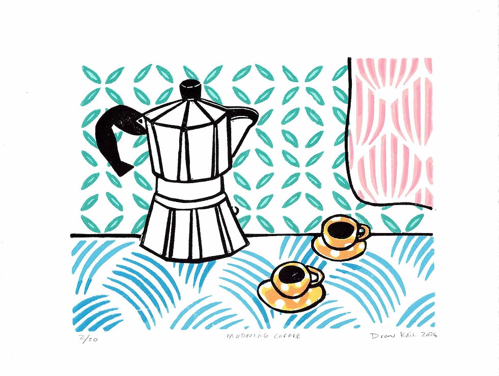 nine color linocut print of a moka pot and two espresso cups in a colorful kitchen scene