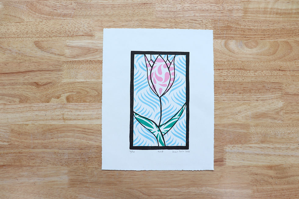 original handmade four color linocut art print of pink tulip