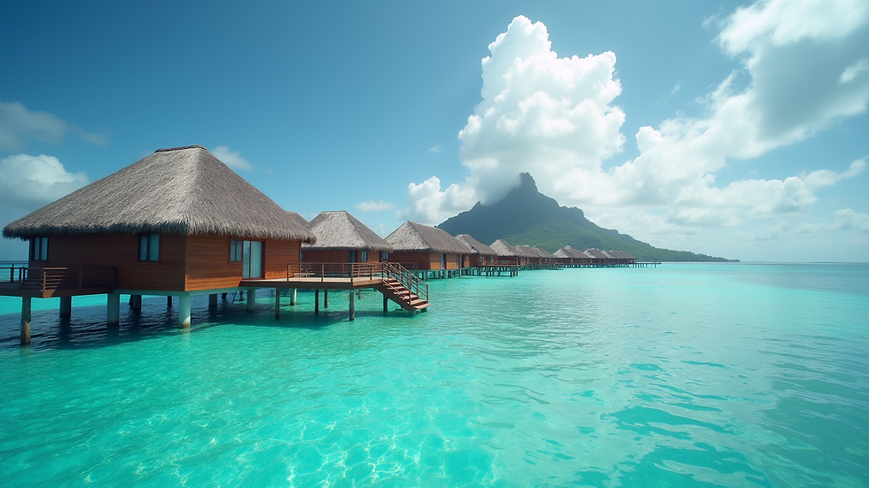 Eye-level view of a luxurious overwater bungalow in Bora Bora