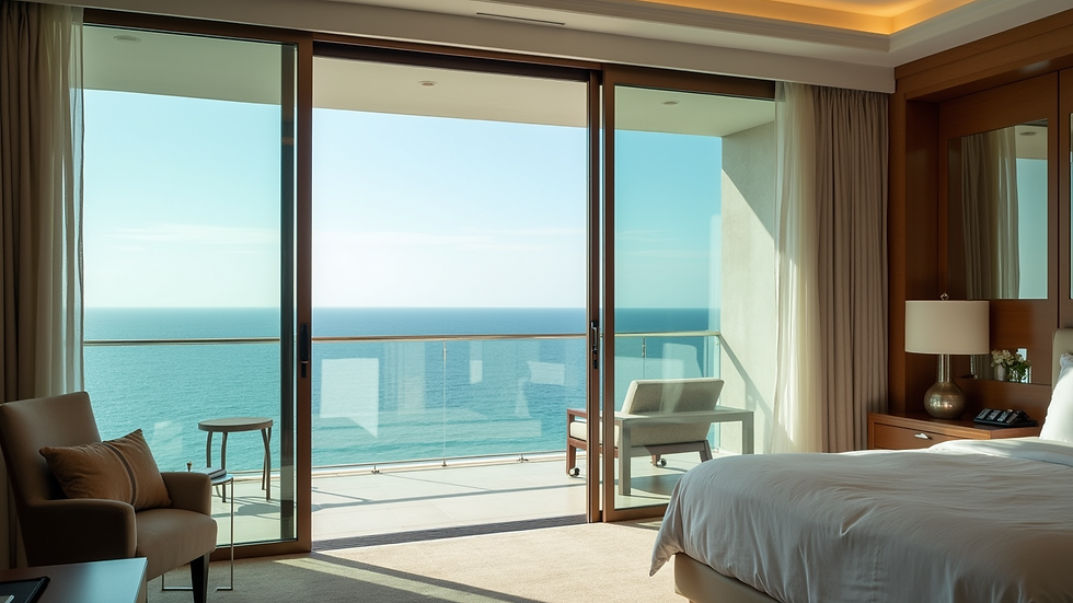 Eye-level view of a luxurious hotel suite with stunning ocean views