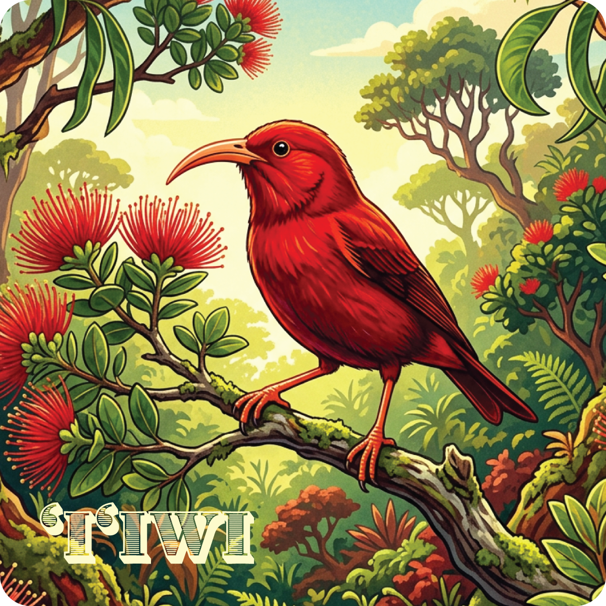 I'iwi, Scarlet Honeycreeper Wood Coaster