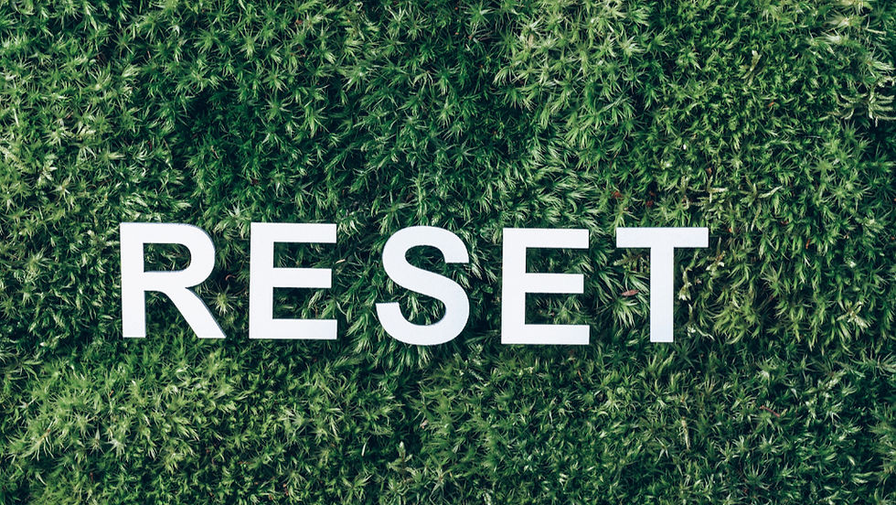 The word "RESET" in bold white letters is set against a lush, green grass background, creating a refreshing and rejuvenating mood.