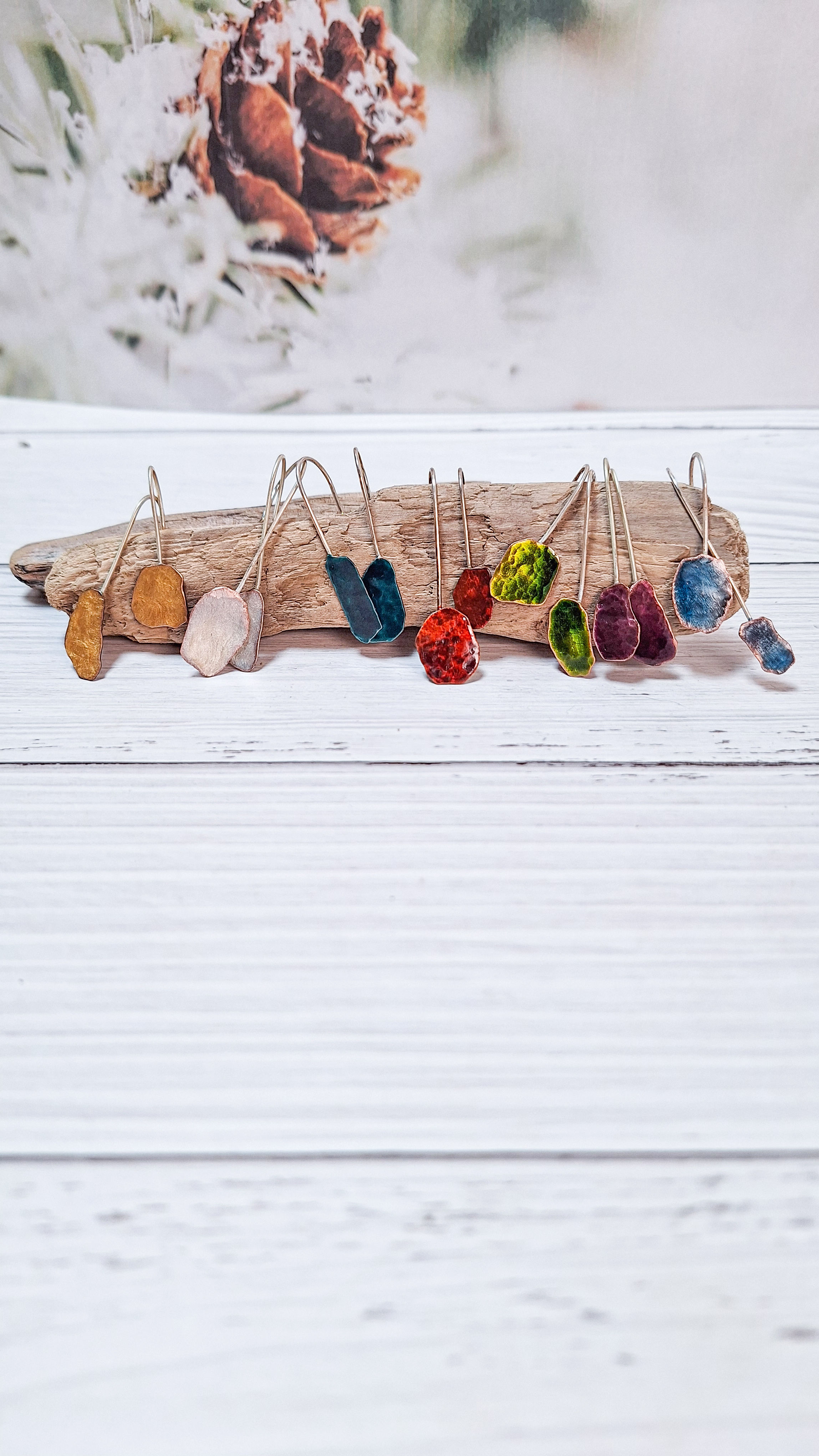 Pendoli, orecchini asimmetrici, particolari, fatti a mano in rame smaltato