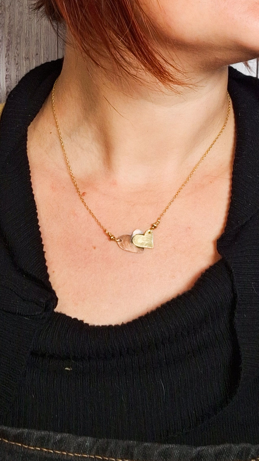 Thumbnail: Ciondoli con cuori in rame e ottone, con catenella in ottone
