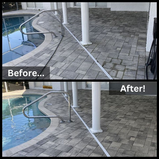 Before and after pool deck pavers in Pinellas County, FL- worn and water damaged pavers compared to freshly sealed, bright and protected surface