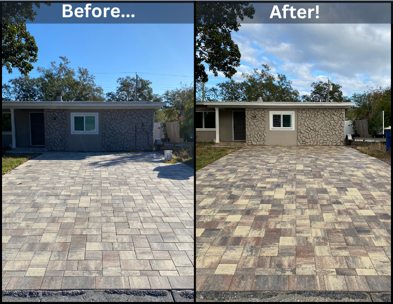Before and after comparison of a driveway in Clearwater, Florida- dull, faded pavers on the left, freshly sealed pavers with restored color on the right.