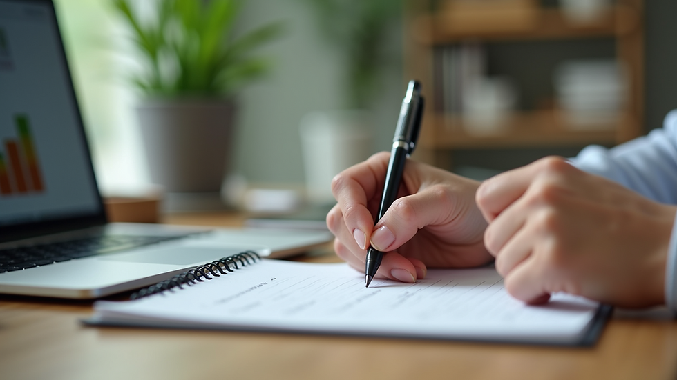 Close-up view of a person taking notes during an online nutrition course
