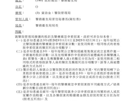 醫管局醫療疏忽申索及投訴處理：個案統計、員工懲處及賠償開支質詢