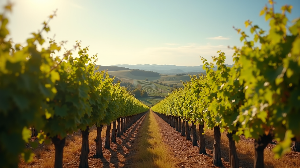 Eye-level view of a vineyard with rolling hills in the background