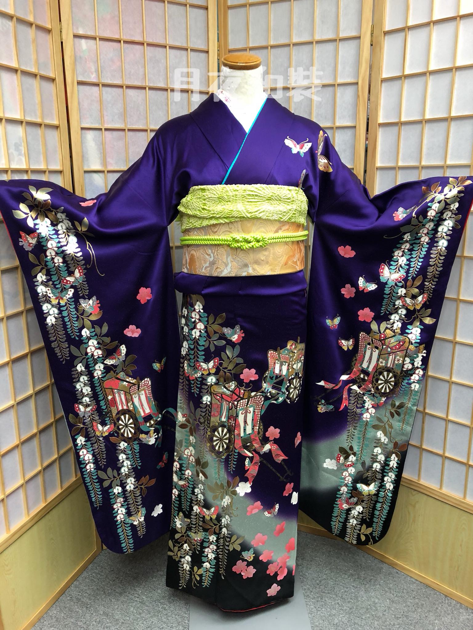 CLASS A 深藍色藤花蝴蝶御所車正絹振袖