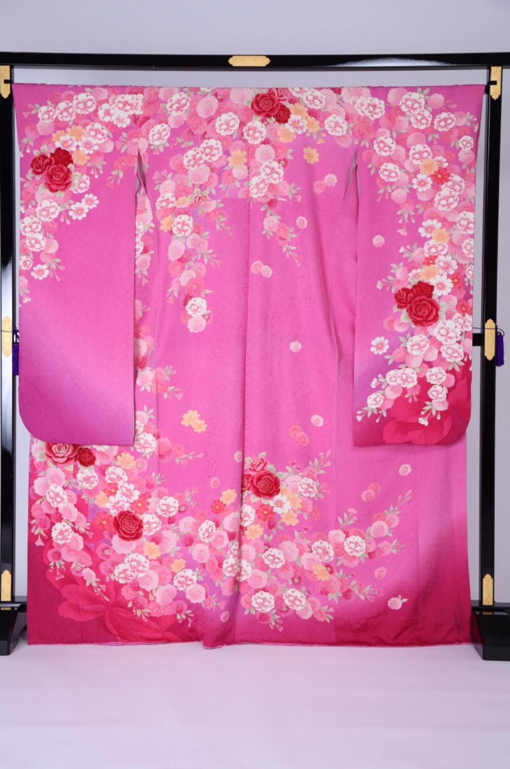 CLASS A 淺桃紅玫瑰花八重櫻正絹振袖