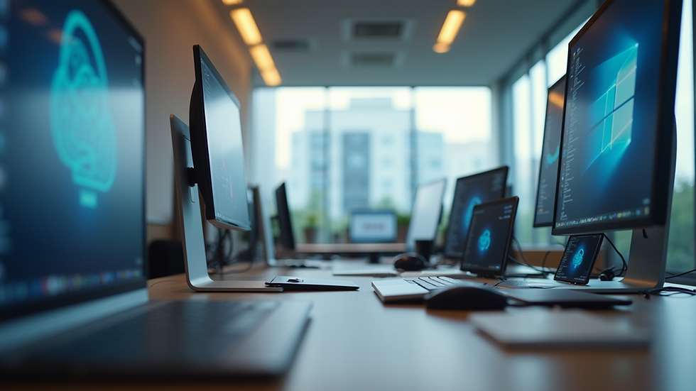 Eye-level view of a modern office workspace with multiple cloud computing devices
