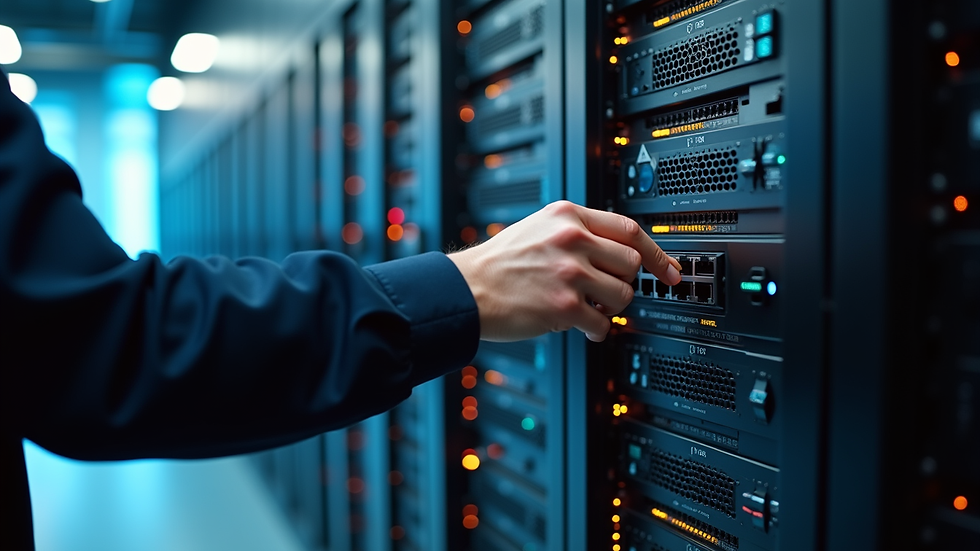 Close-up view of a technician configuring a network switch in a server room