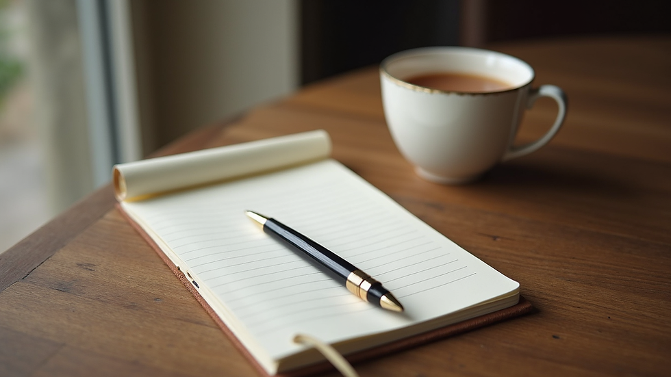 High angle view of a journal and pen beside a cup of tea on a wooden table
