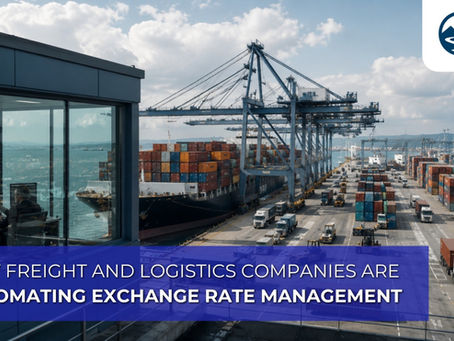 Diagram of automated exchange rate workflow: configuration, retrieval, validation, and synchronization". Freight operations team manually checking currency exchange rates on a laptop
