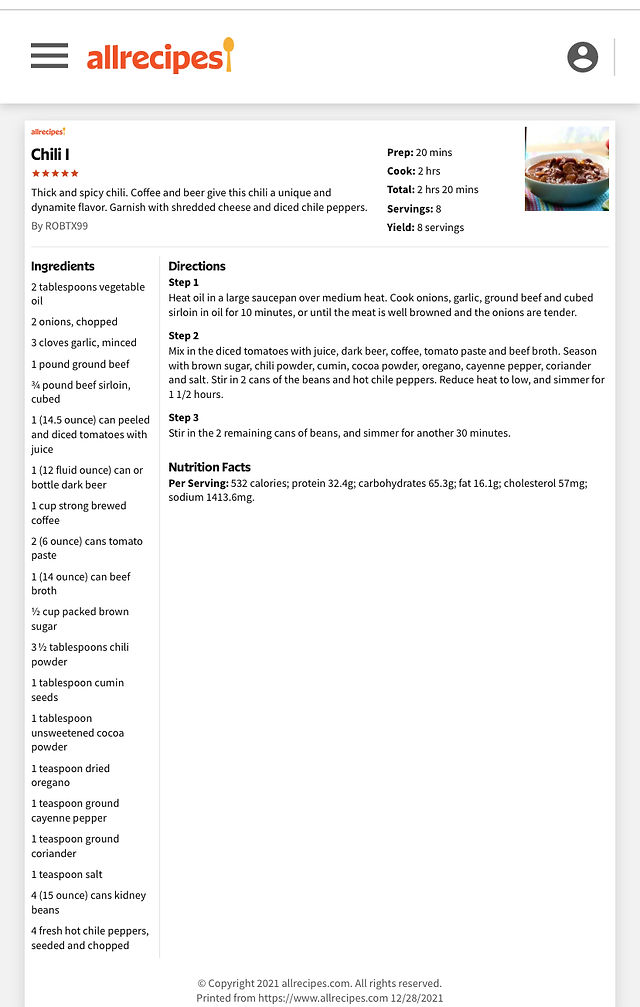 The chili recipe I followed to make this dish