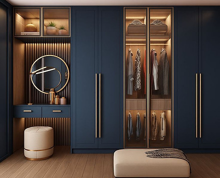Dark navy blue and slim profile palla wardrobe with warm backlit panel light and dressing 