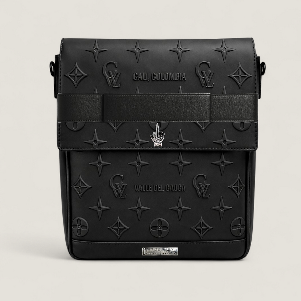 Black bulletproof sling bag Cali Colombia leather crossbody front view