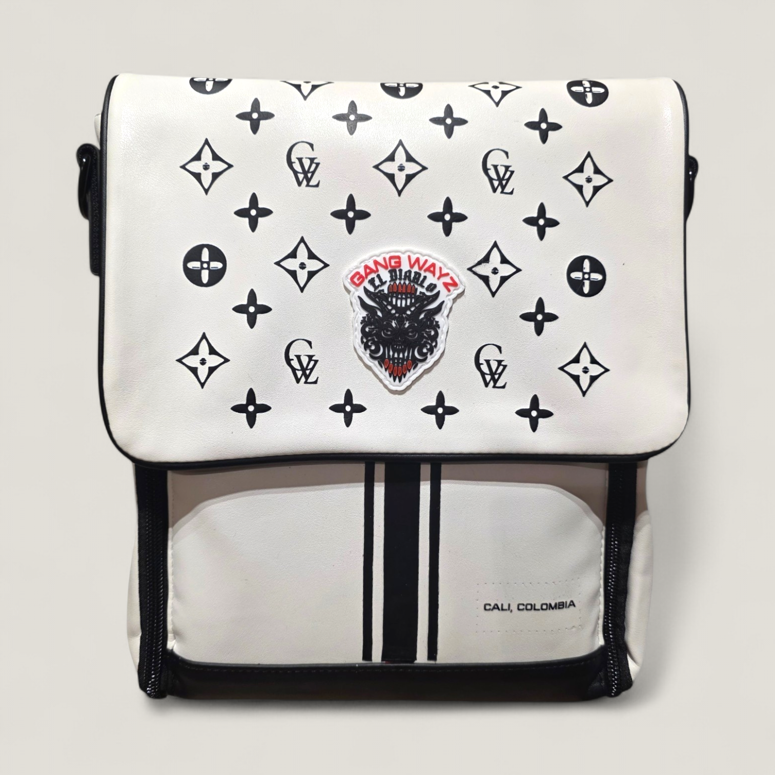 White bulletproof sling bag Cali Colombia crossbody front view