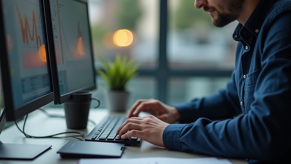 Eye-level view of a professional working on digital marketing strategy on a computer