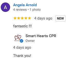 5 star google review from happy customer, Excellent hands-on CPR and First Aid classāhighly recommended