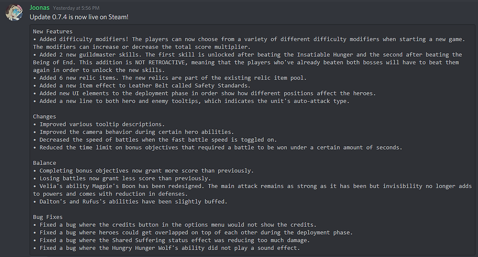 capture from our discord channel with the information published by lead programmer Joonas about update 0.7.4
