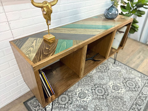 Dark Walnut Record Storage Cabinet with a teal moss color palette. Vinyl record storage