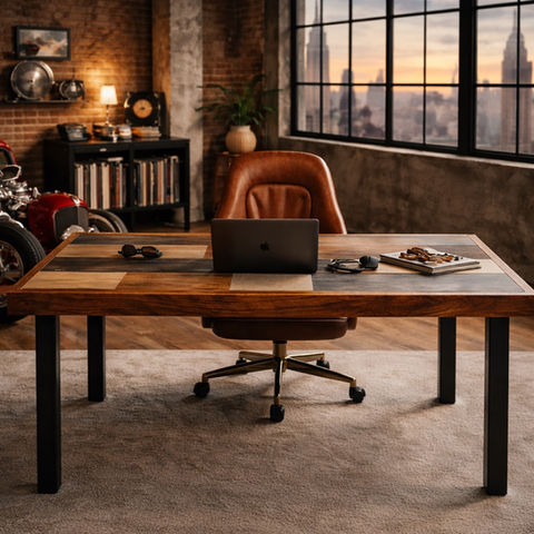 Handcrafted writing desk with custom wood inlay and pattern.