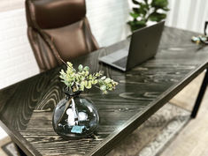Custom wood table: Beautiful mid-century modern inspired herringbone desk with ebony stain.