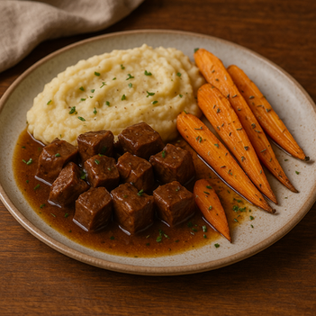Geschmorte Rindfleischwürfel mit Pastinakenpüree & Ofen-Möhren