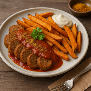 Currywurst mit Süßkartoffel-Pommes & Sonnenblumenkern-Mayo
