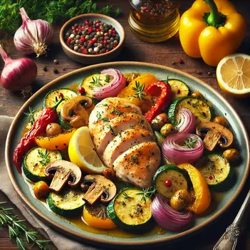 Zitronen-Knoblauch-Hähnchen mit Ofengemüse