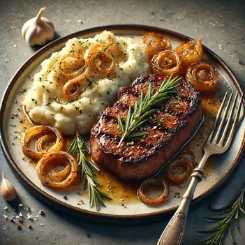 Rosmarin-Steak mit Knoblauch-Kartoffelstampf und karamellisierten Zwiebeln