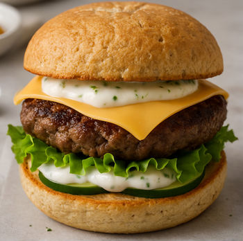 Smashburger mit laktosefreier Joghurtsauce auf glutenfreiem Bun