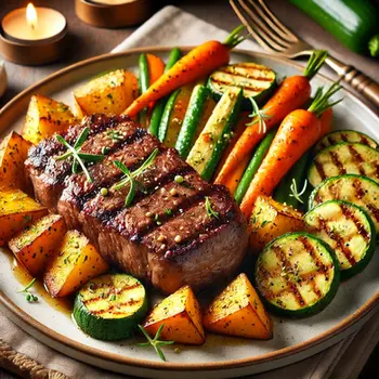 Gegrilltes Rindersteak mit Kräuter-Süßkartoffeln und gedünstetem Gemüse
