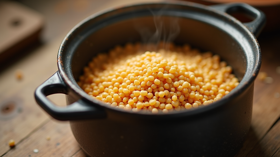 Eye-level view of a pot with popped sorghum grains inside