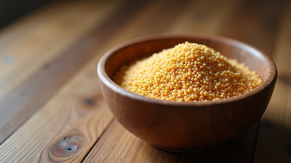 Close-up view of a bowl filled with cooked sorghum grains